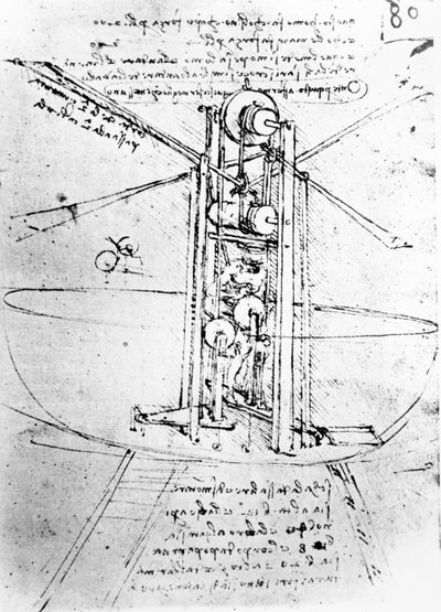 Macchina volante con ali di uccello in posizione verticale, fol. 80r dal Manoscritto di Parigi B, 1488-90 da Leonardo da Vinci